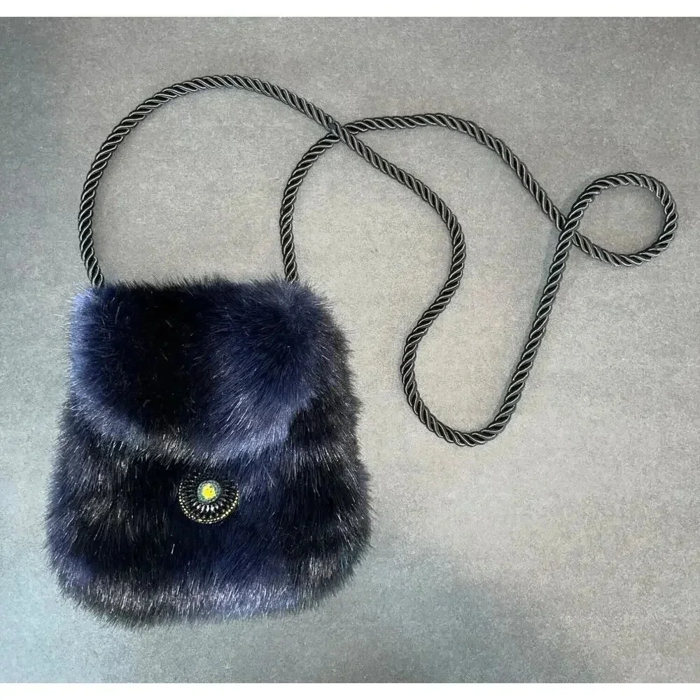 Vintage Christine Clarke faux fur mink purse crossbody satchel bag blue artsy